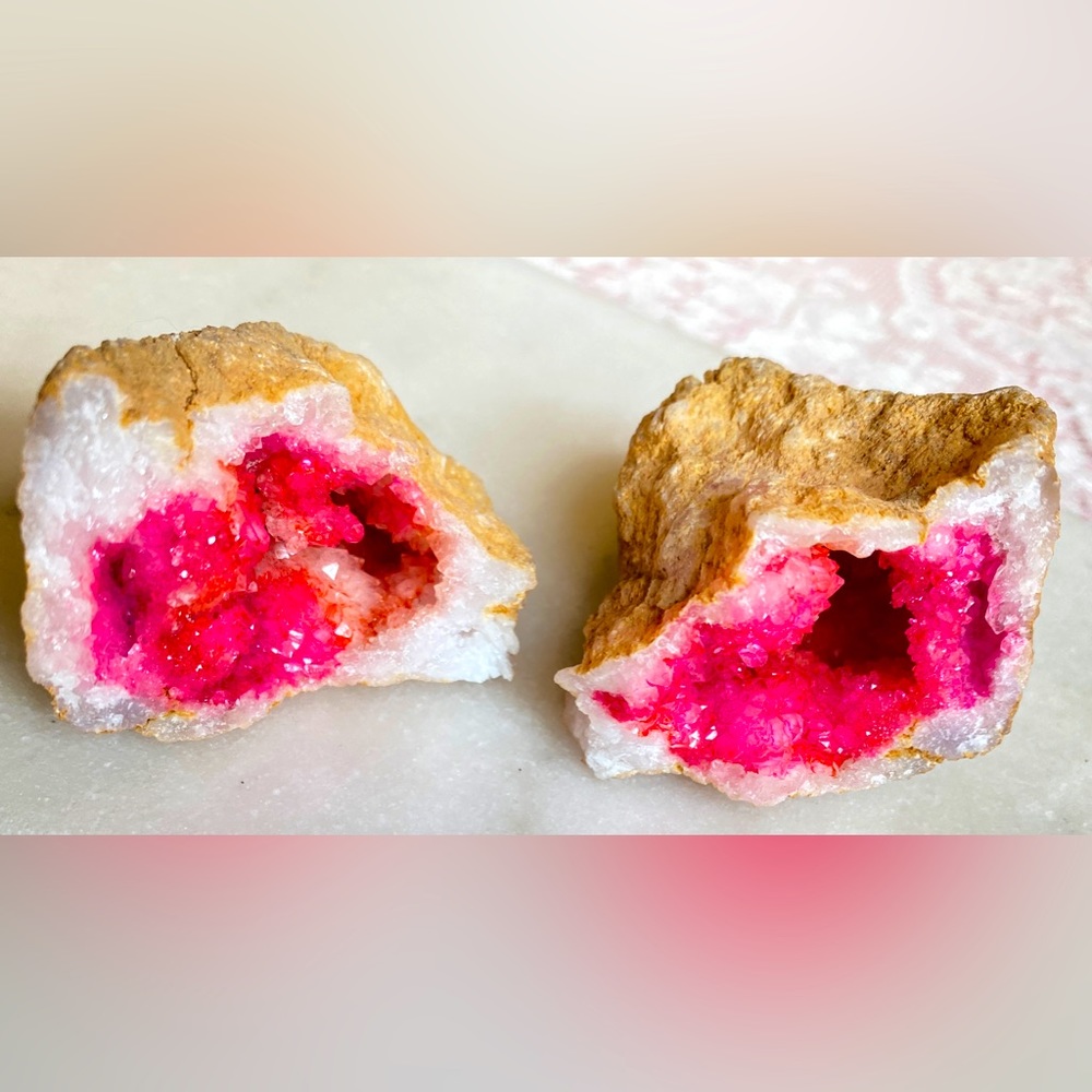 Pink Geode Pair Quartz Gemstone Specimen Dyed Morocco Geode